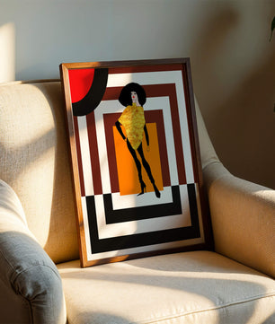 Ilustración de moda con figura en dorado y fondo geométrico