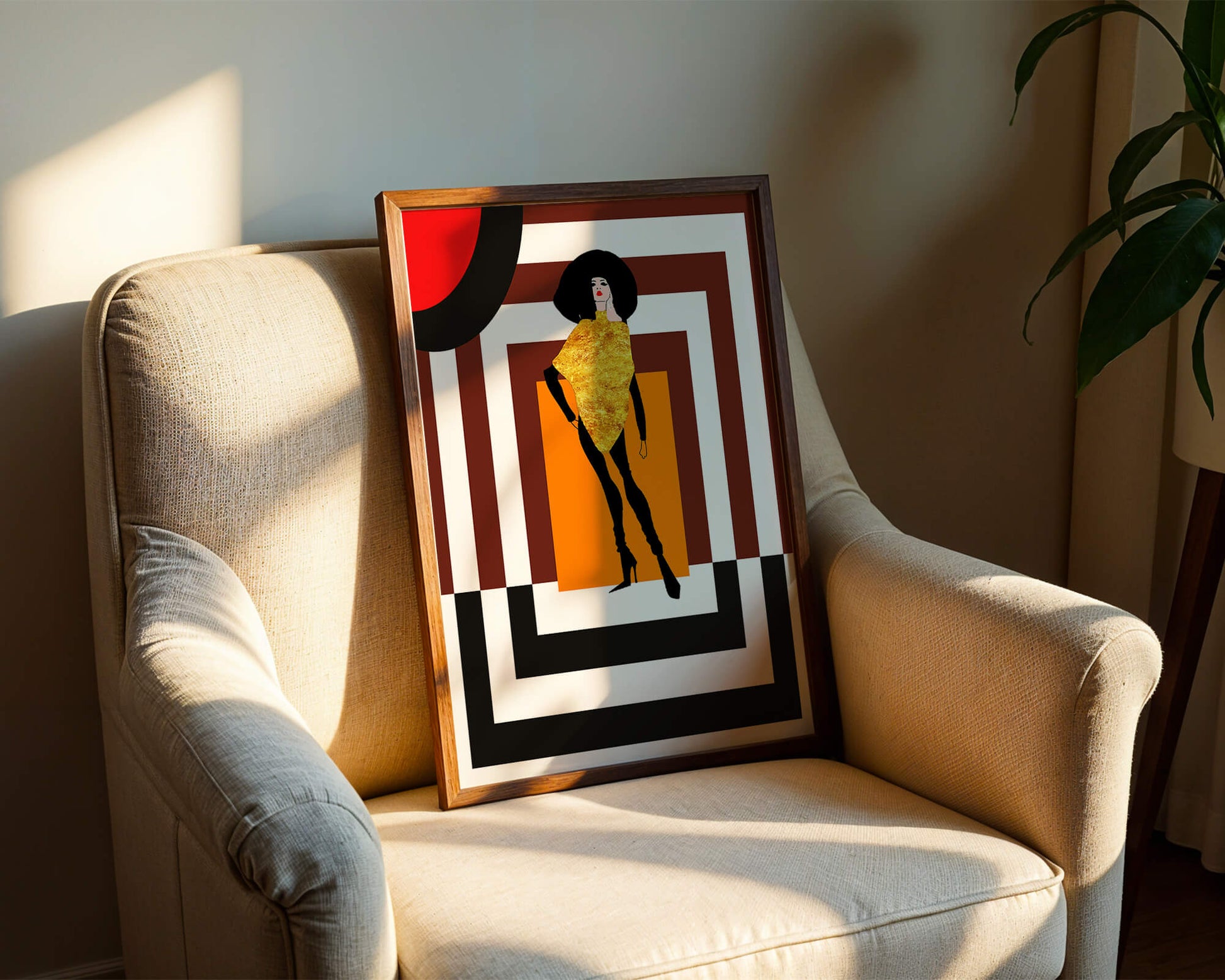 Fashion Illustration with Figure in Gold and Geometric Background