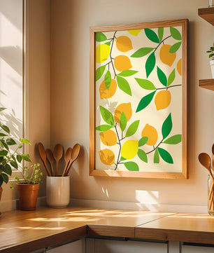Vibrant lemon pattern with colorful leaves and citrus fruits