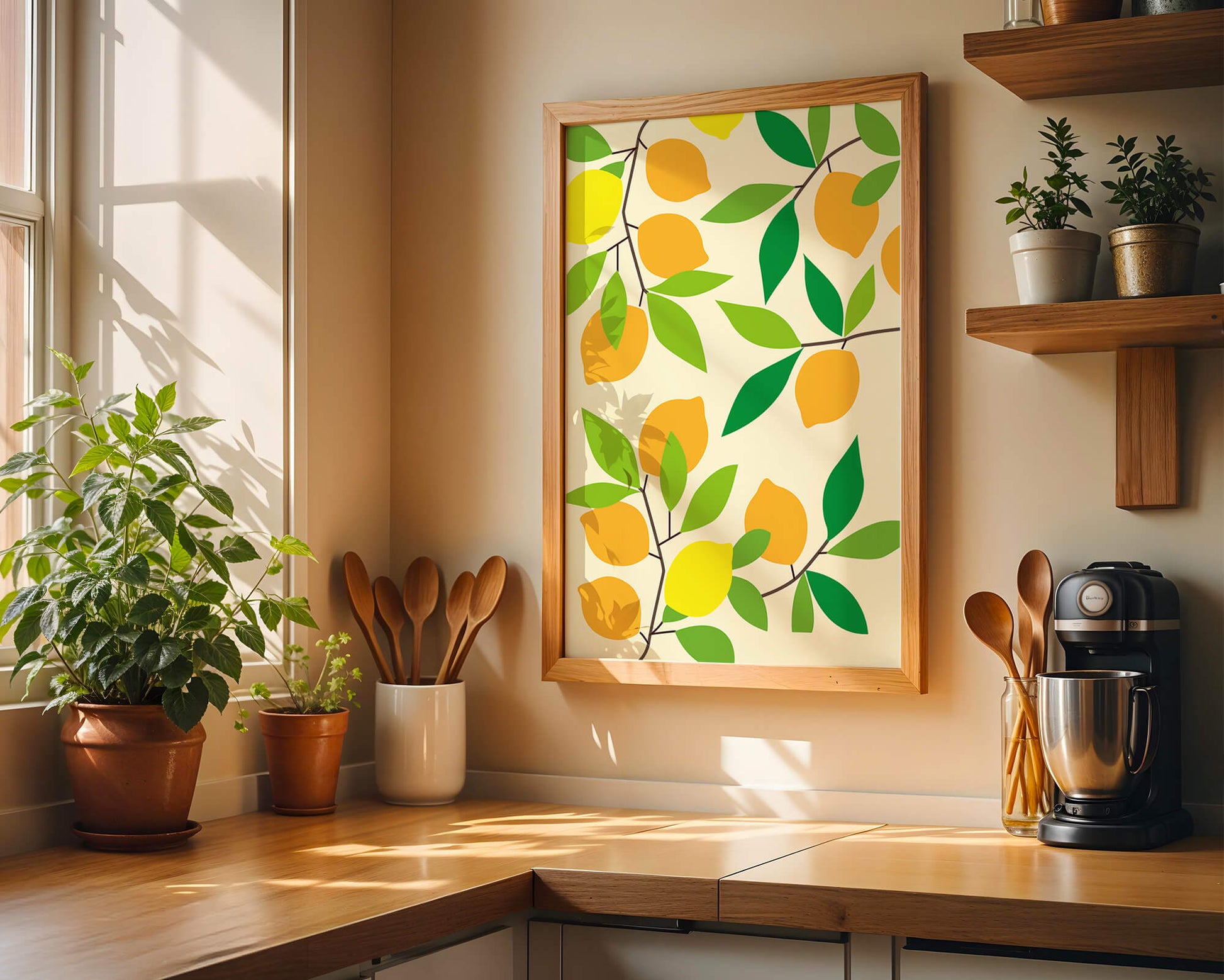 Vibrant lemon pattern with colorful leaves and citrus fruits