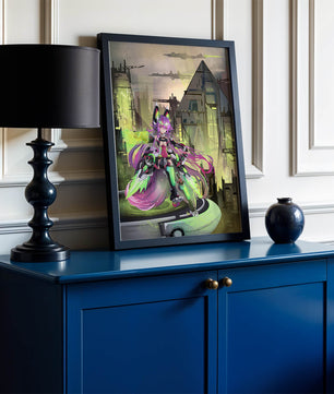 Cyberpunk-Anime-Figur im futuristischen Stadtbild 
