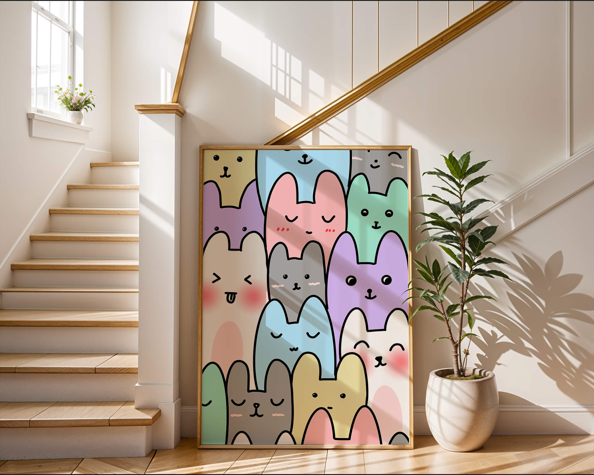 Colorful cartoon animal pattern with smiling faces