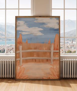 Paisaje otoñal sereno con cerca de madera y cielo azul