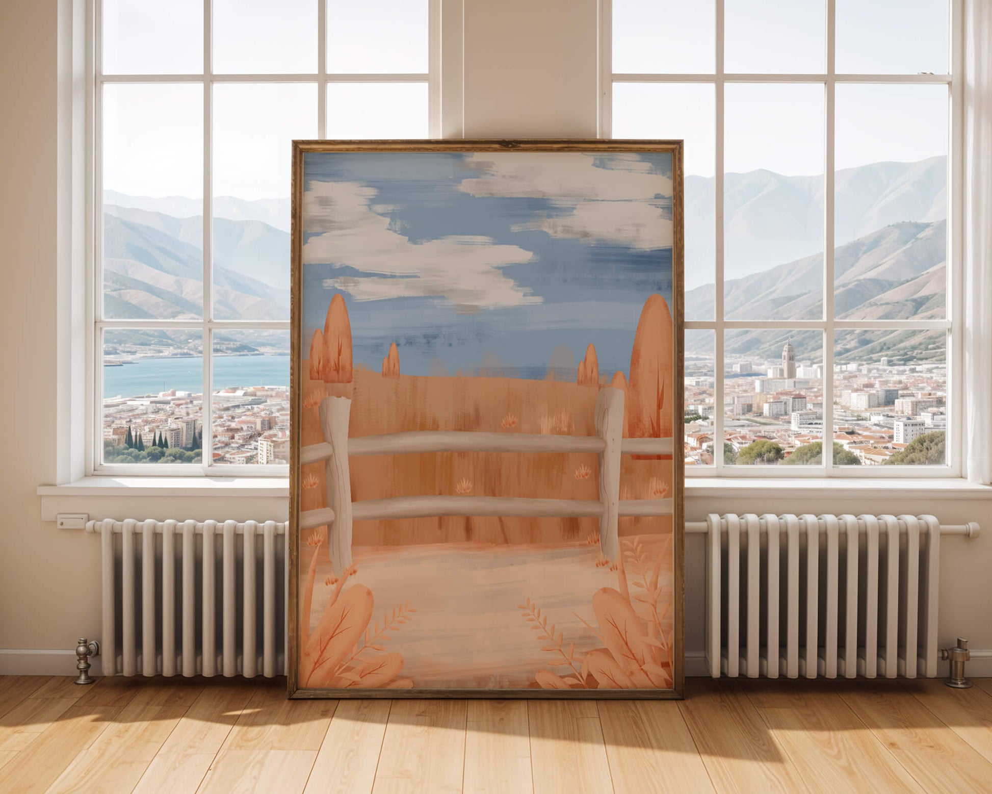 Paisaje otoñal sereno con cerca de madera y cielo azul