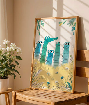 Illustration of Happy Cartoon Crocodiles in a Colorful Meadow - Mi tienda