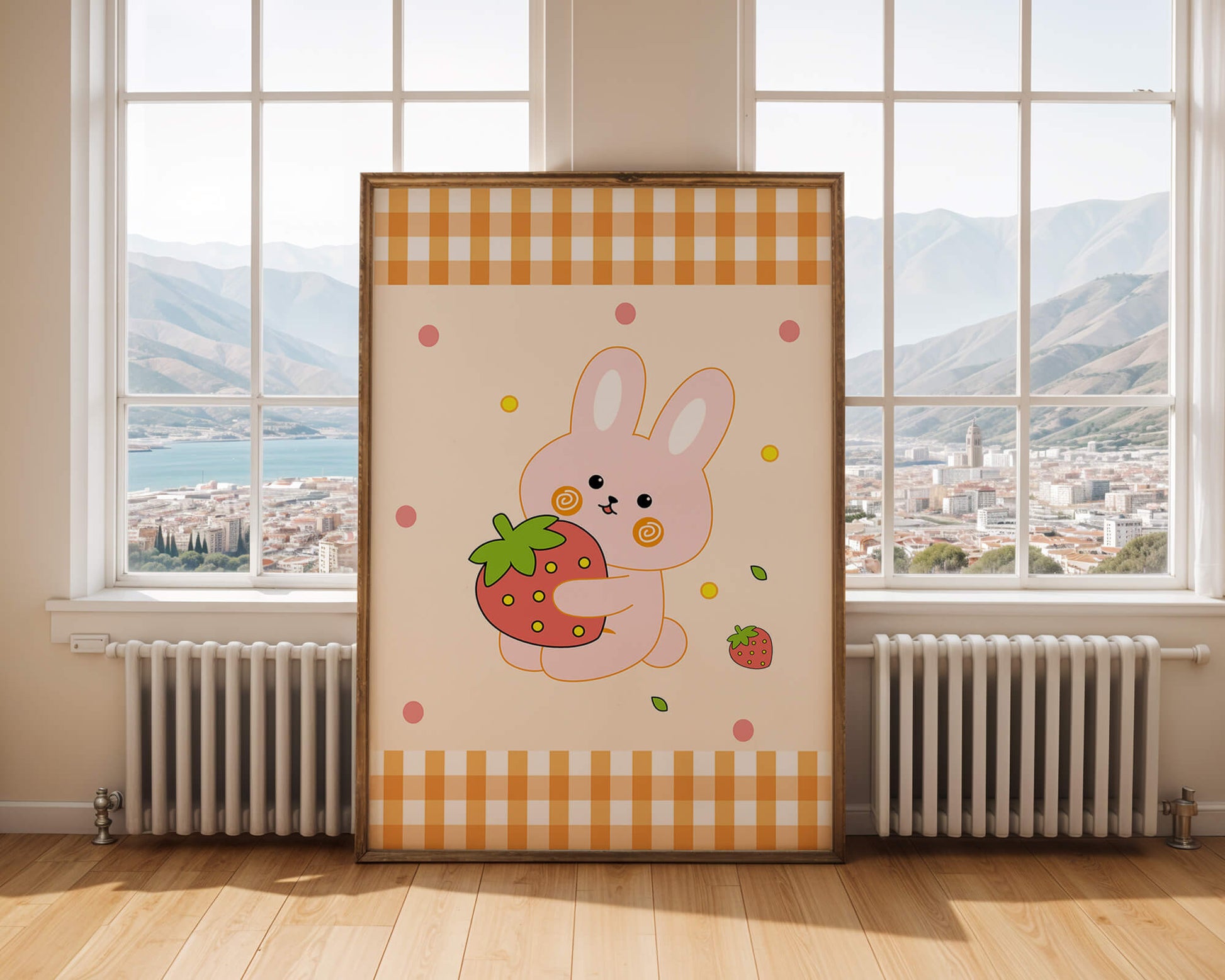Adorable bunny holding strawberry illustration with gingham pattern