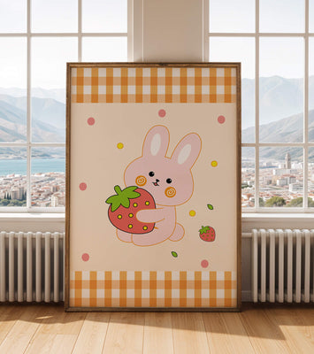 Adorable bunny holding strawberry illustration with gingham pattern