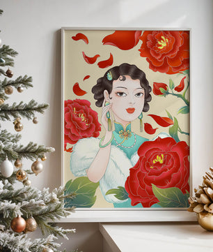 Mujer elegante rodeada de vibrantes flores y pétalos rojos