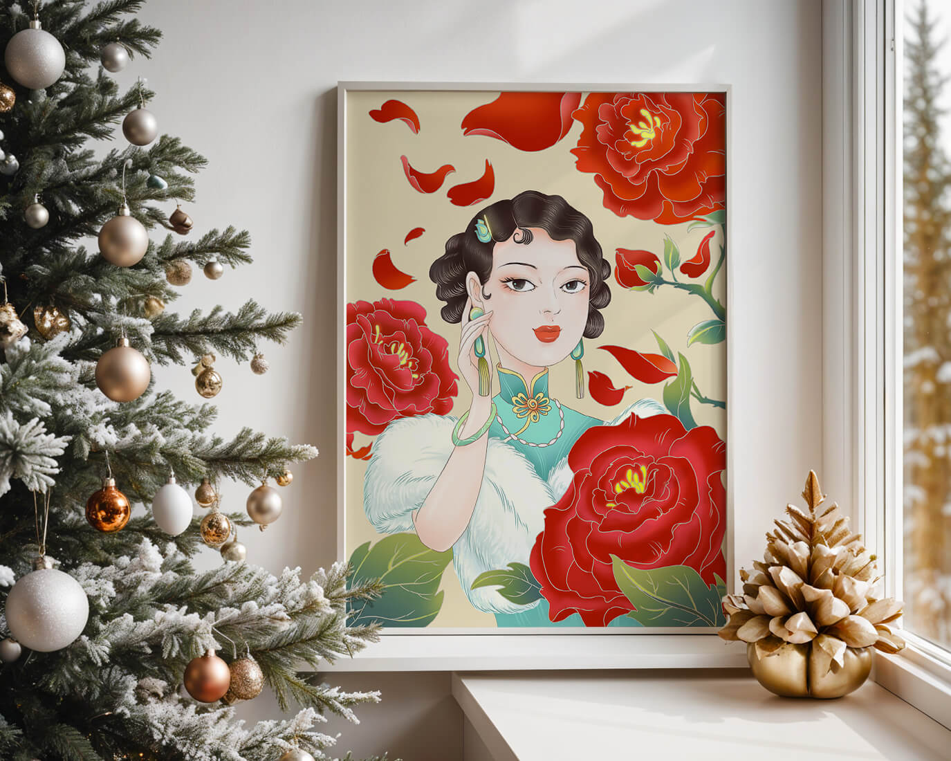 Elegant woman surrounded by vibrant red flowers and petals