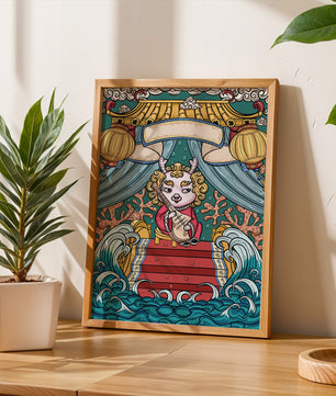 Illustration of a whimsical animal playing a stringed instrument in a fantastical setting