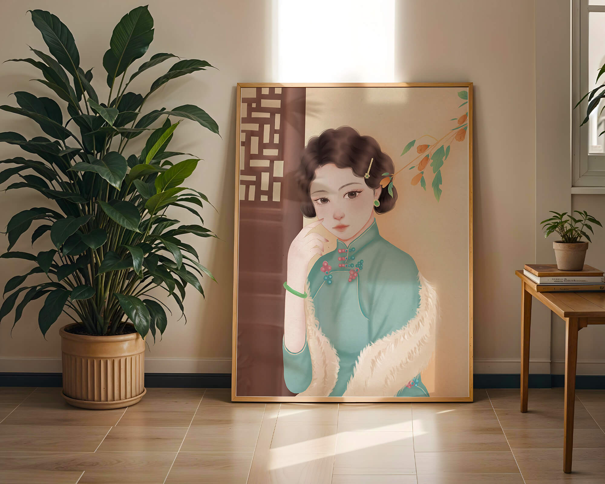 Elegant portrait of a woman in traditional attire with jade accessories