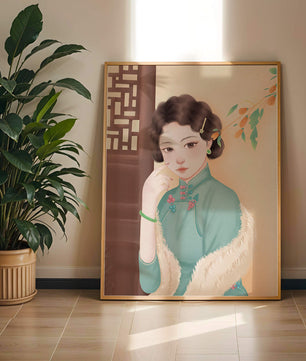 Elegante retrato de una mujer con atuendo tradicional y accesorios de jade
