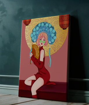 Elegante Illustration einer Frau in traditioneller Kleidung mit einem Fächer