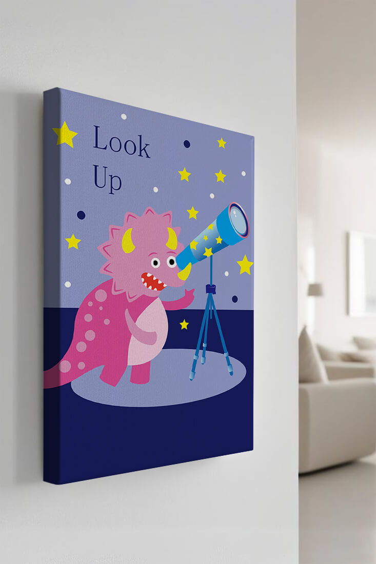 Pink cartoon dinosaur looking through a telescope with stars