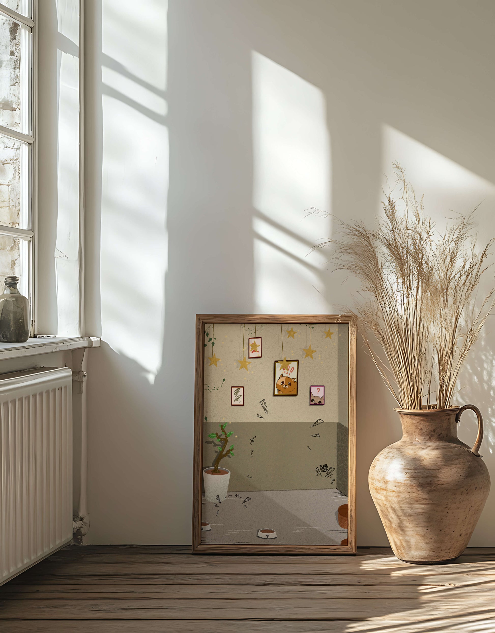 Cozy Room with Star Decorations and Cat Artwork
