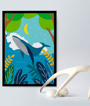 Illustration eines Wals in einer farbenfrohen Waldszene mit Mond und Pflanzen