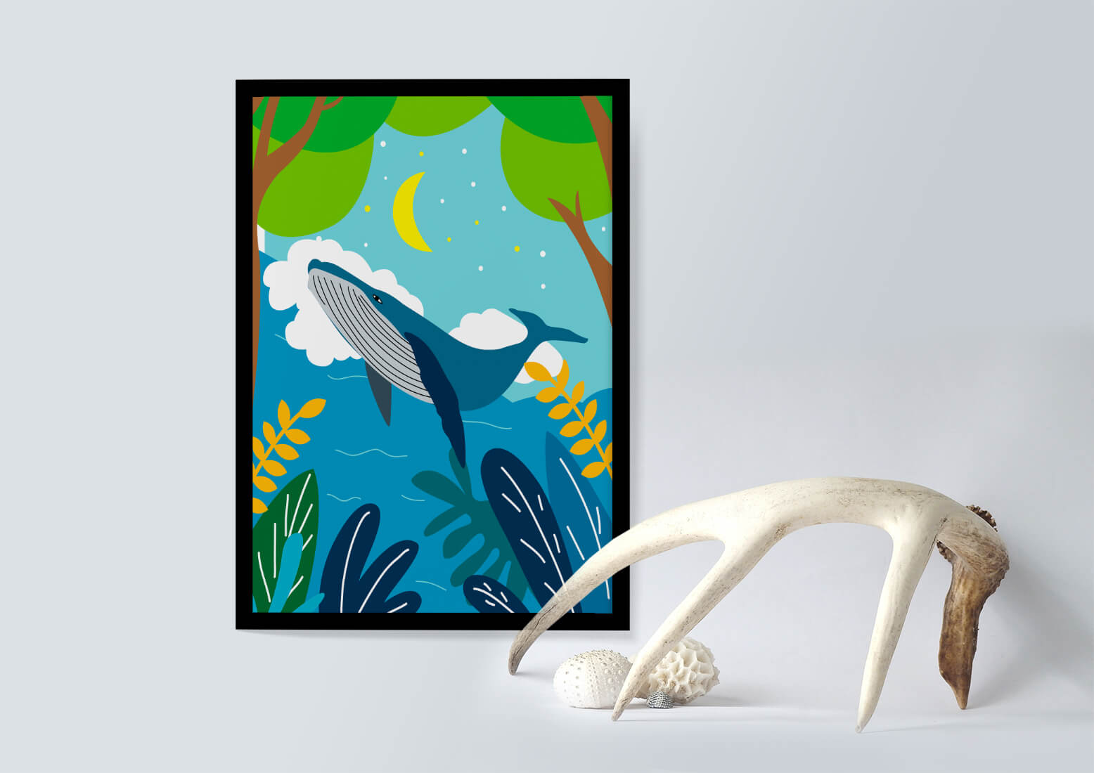Illustration of a whale in a colorful forest scene with moon and plants