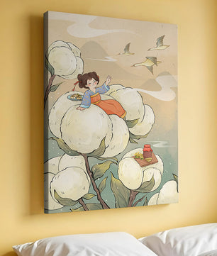 Illustration d'une fille sur des fleurs géantes avec des oiseaux volants et de la nourriture