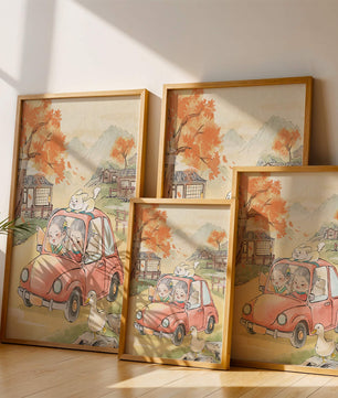 Charmante Landfahrt mit verspielten Charakteren und herbstlicher Landschaft