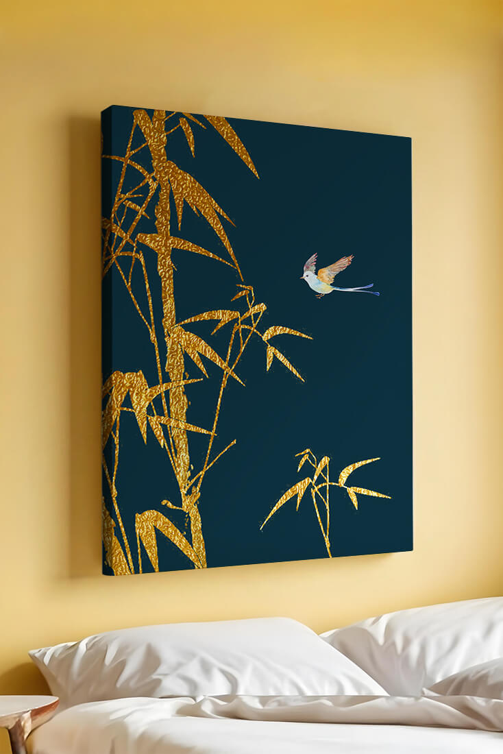 Golden bamboo and bird against a deep blue background