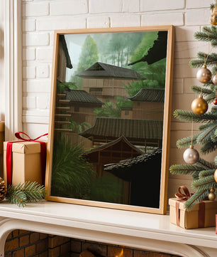 Traditional Japanese Architectural Scene with Lush Greenery