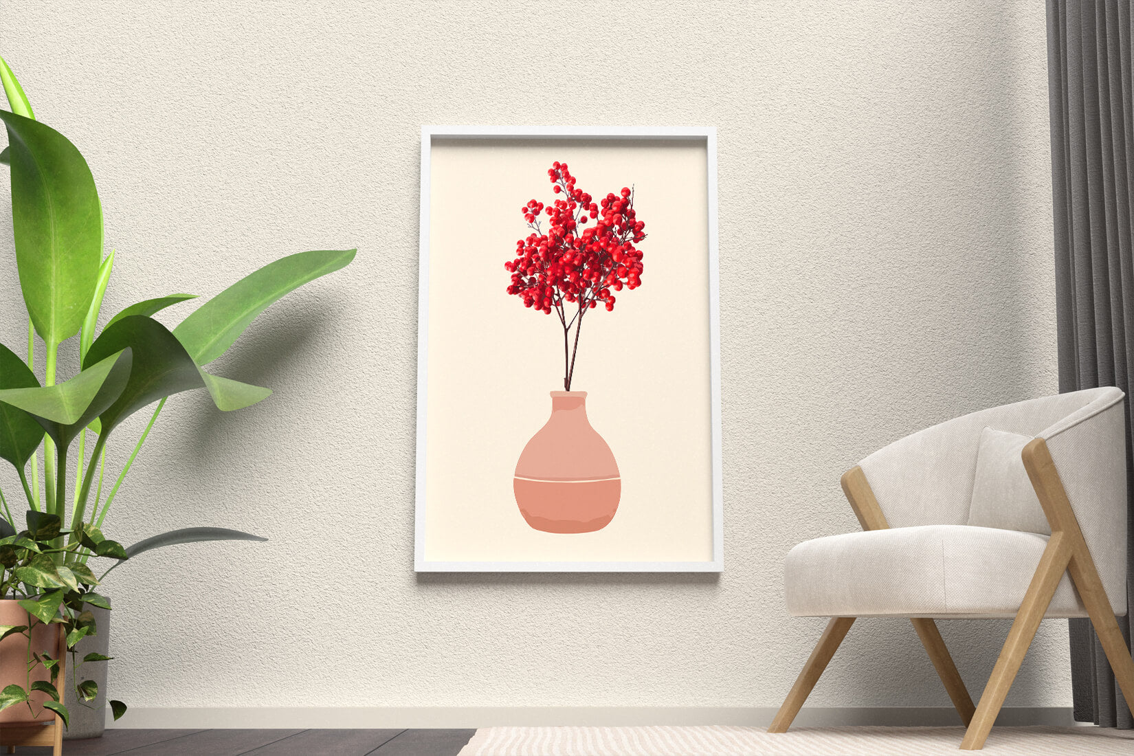 Red berries in minimalist clay vase on neutral background