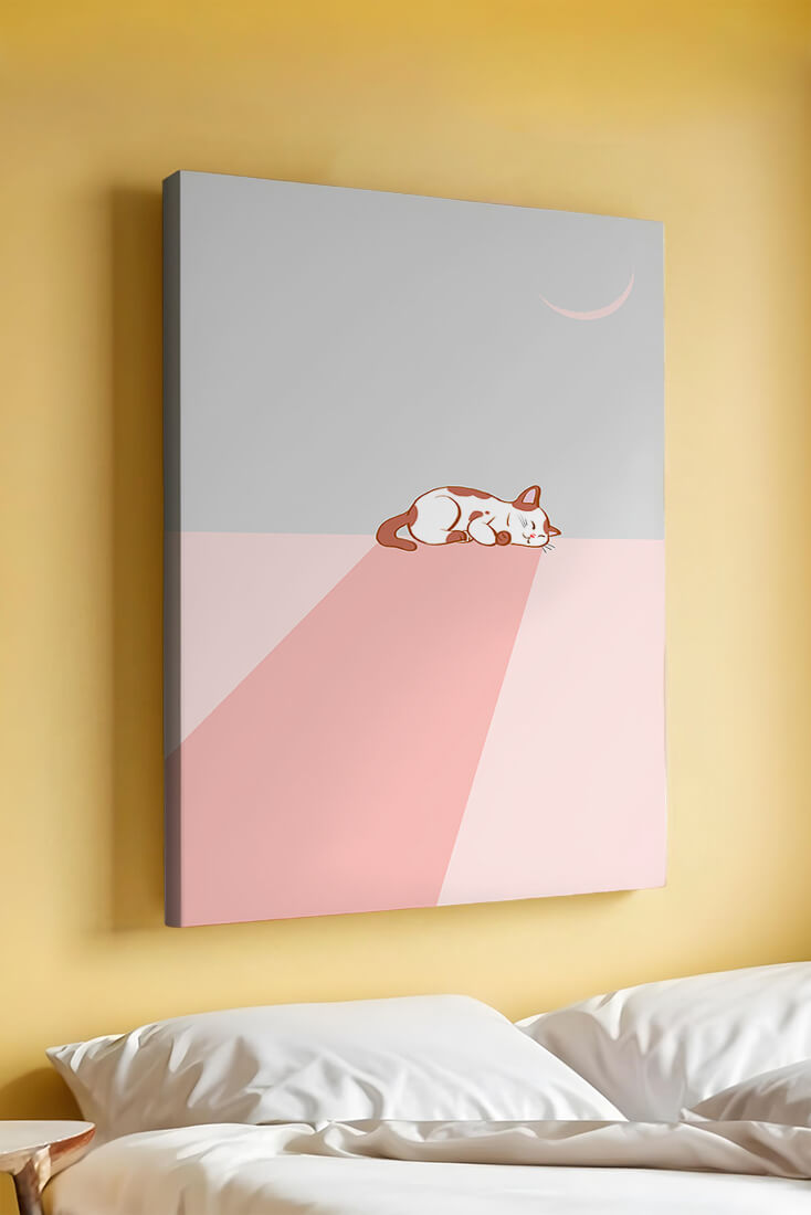 Sleeping Cat in Minimalistic Moonlit Scene