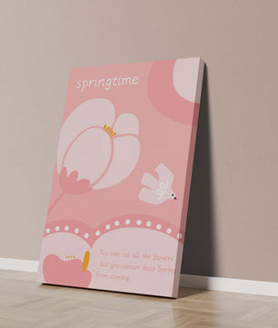 Springtime illustration with flowers and bird on pink background