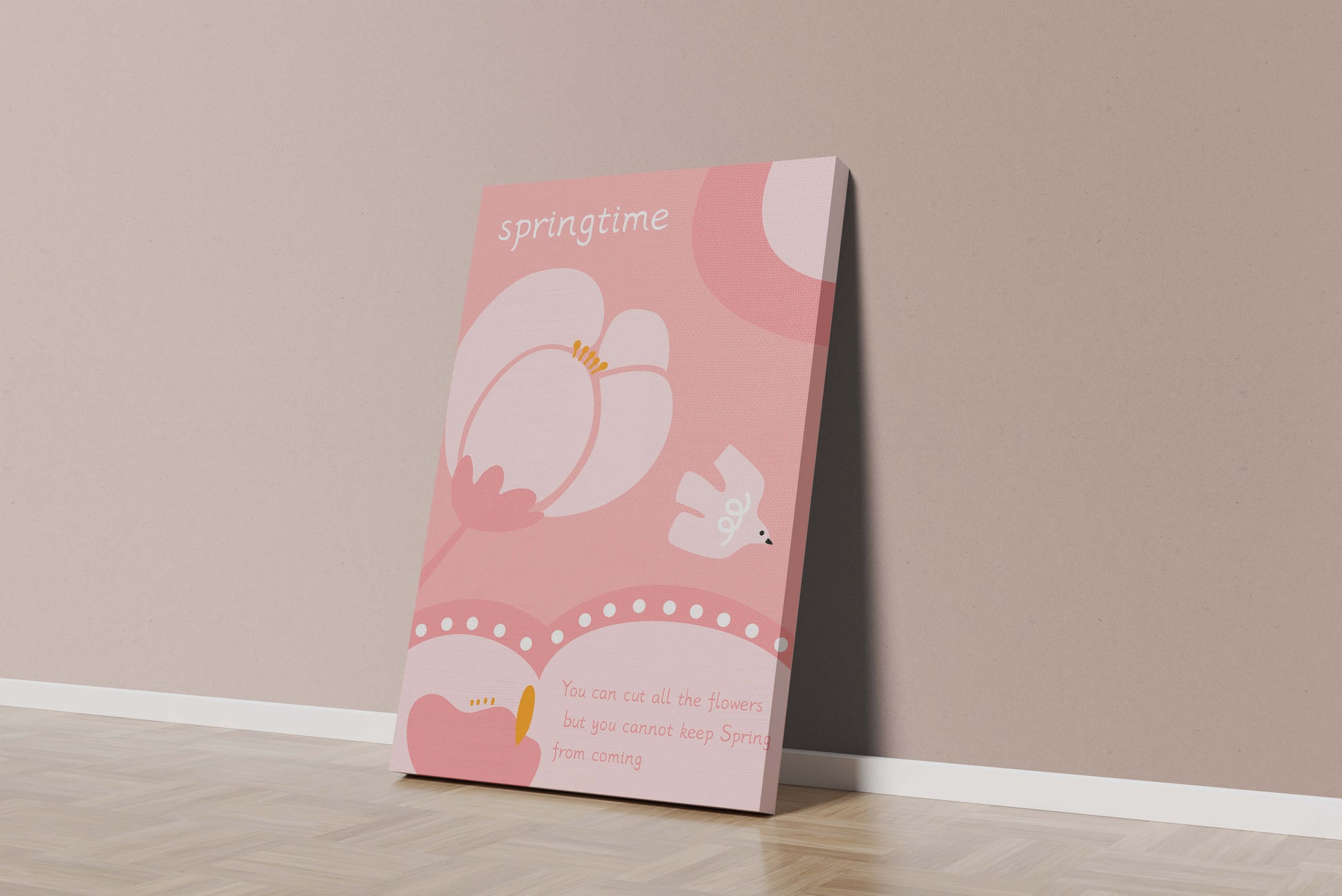 Springtime illustration with flowers and bird on pink background