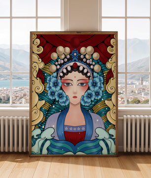 Traditional Asian Portrait with Vibrant Colors and Floral Details