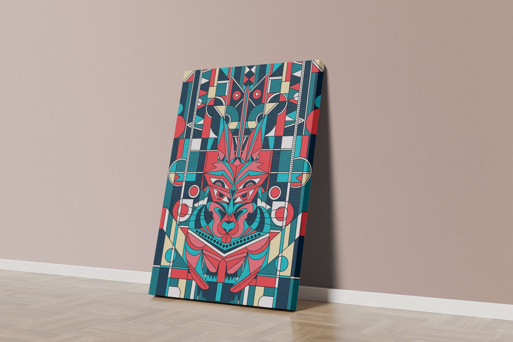 Arte abstracto geométrico de lobo con influencias tribales