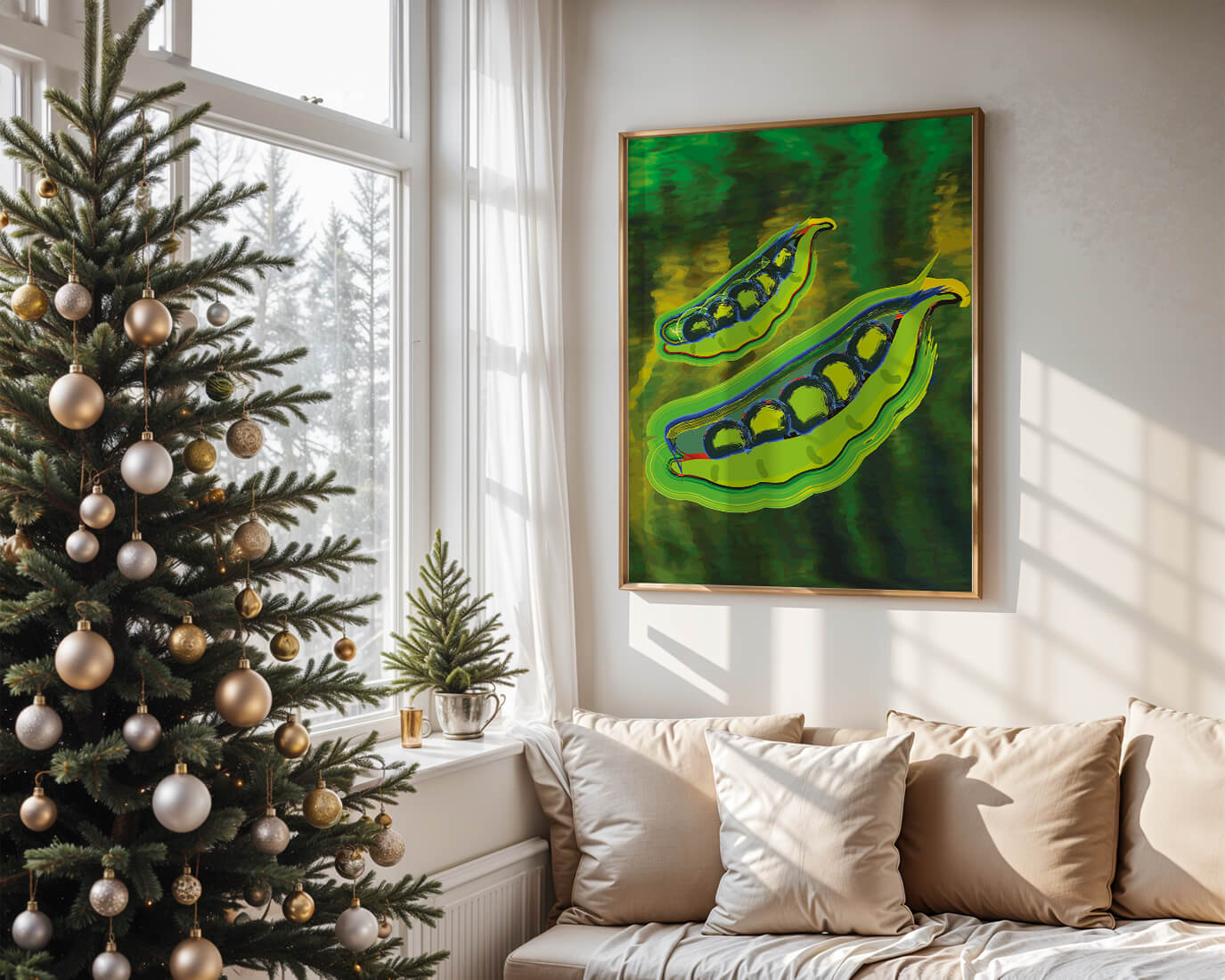 Ilustración abstracta de guisantes verdes coloridos con fondo vibrante