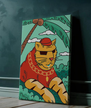 Stylish cartoon tiger lounging under a tropical palm tree with gold accessories
