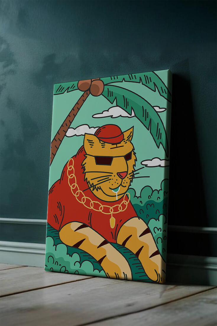 Stylish cartoon tiger lounging under a tropical palm tree with gold accessories