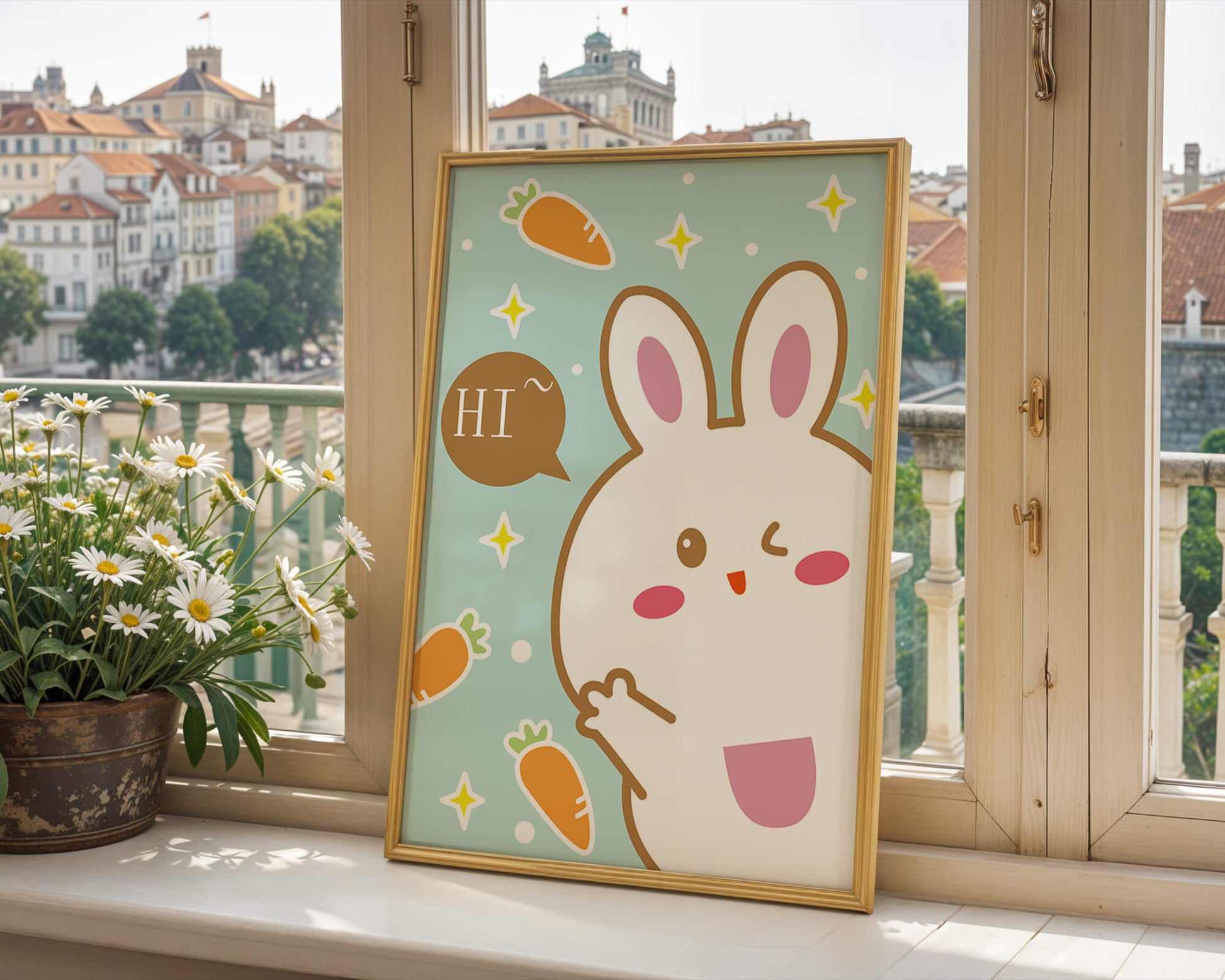 Conejo de dibujos animados juguetón con zanahorias y estrellas sobre fondo turquesa