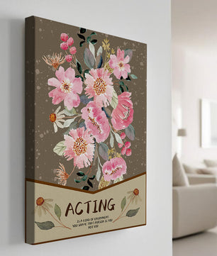 Ilustración acuarela floral con texto motivacional sobre un fondo marrón punteado