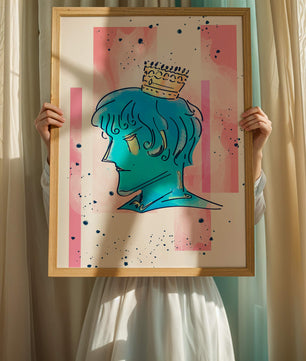 Illustration artistique d’un personnage au visage bleu avec une couronne dorée sur un fond abstrait