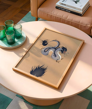 Illustration of a mystical dragon with fluid form on a beige background