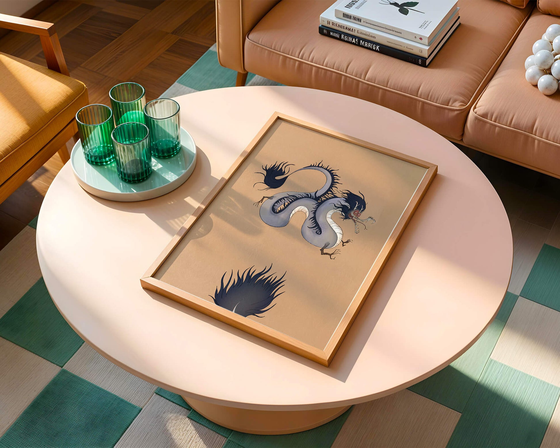 Illustration of a mystical dragon with fluid form on a beige background