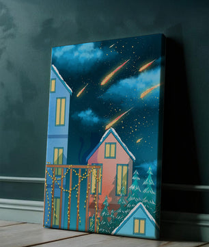 Winter Night Scene with Falling Meteors and Snow-Covered Houses