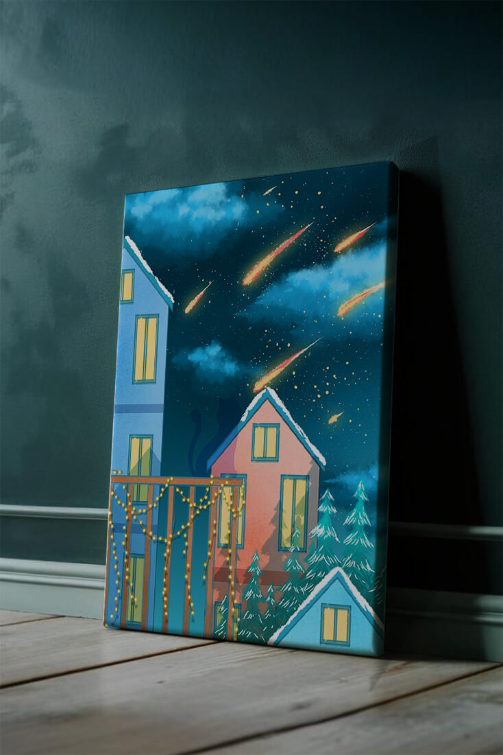 Winter Night Scene with Falling Meteors and Snow-Covered Houses