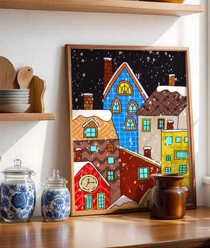 Farbenfrohe Winterstadtlandschaft mit schneebedeckten Häusern im Cartoon-Stil