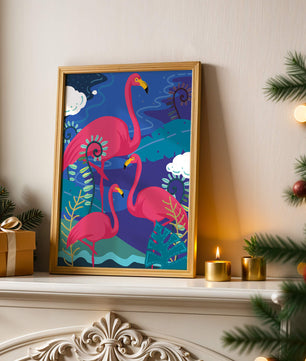 Colorful illustration of flamingos in a tropical setting