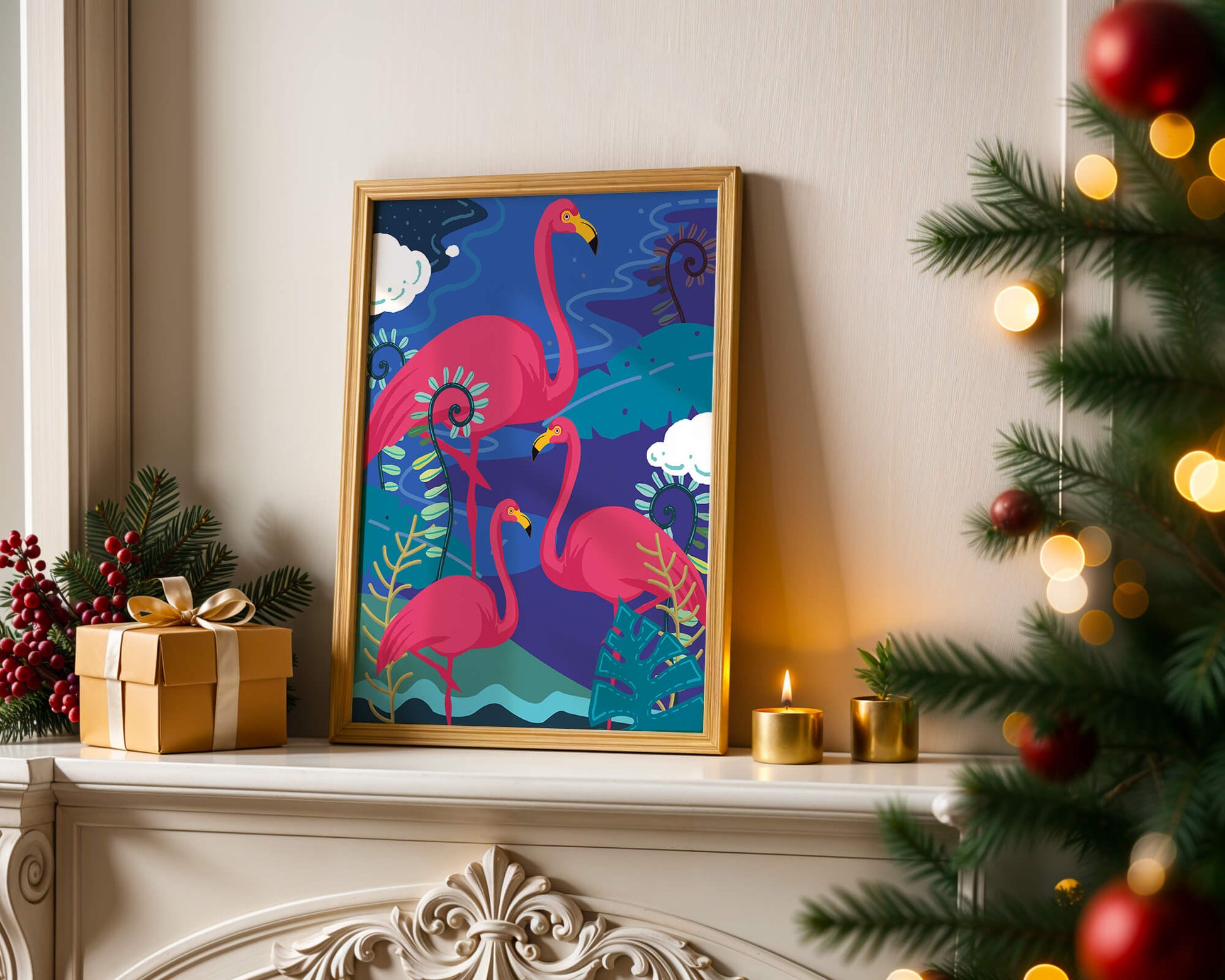Colorful illustration of flamingos in a tropical setting