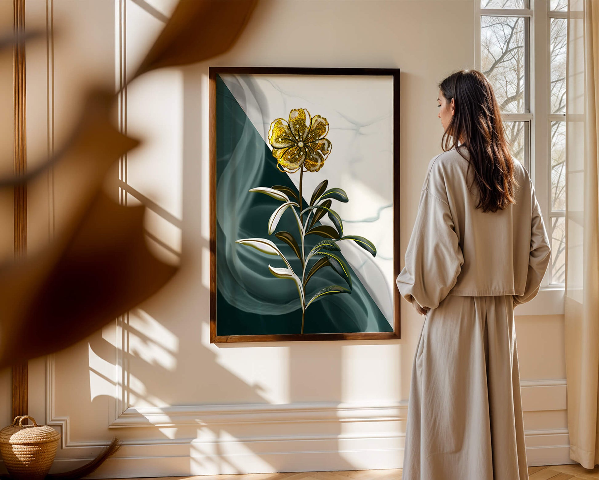 Elegant golden flower art with abstract background