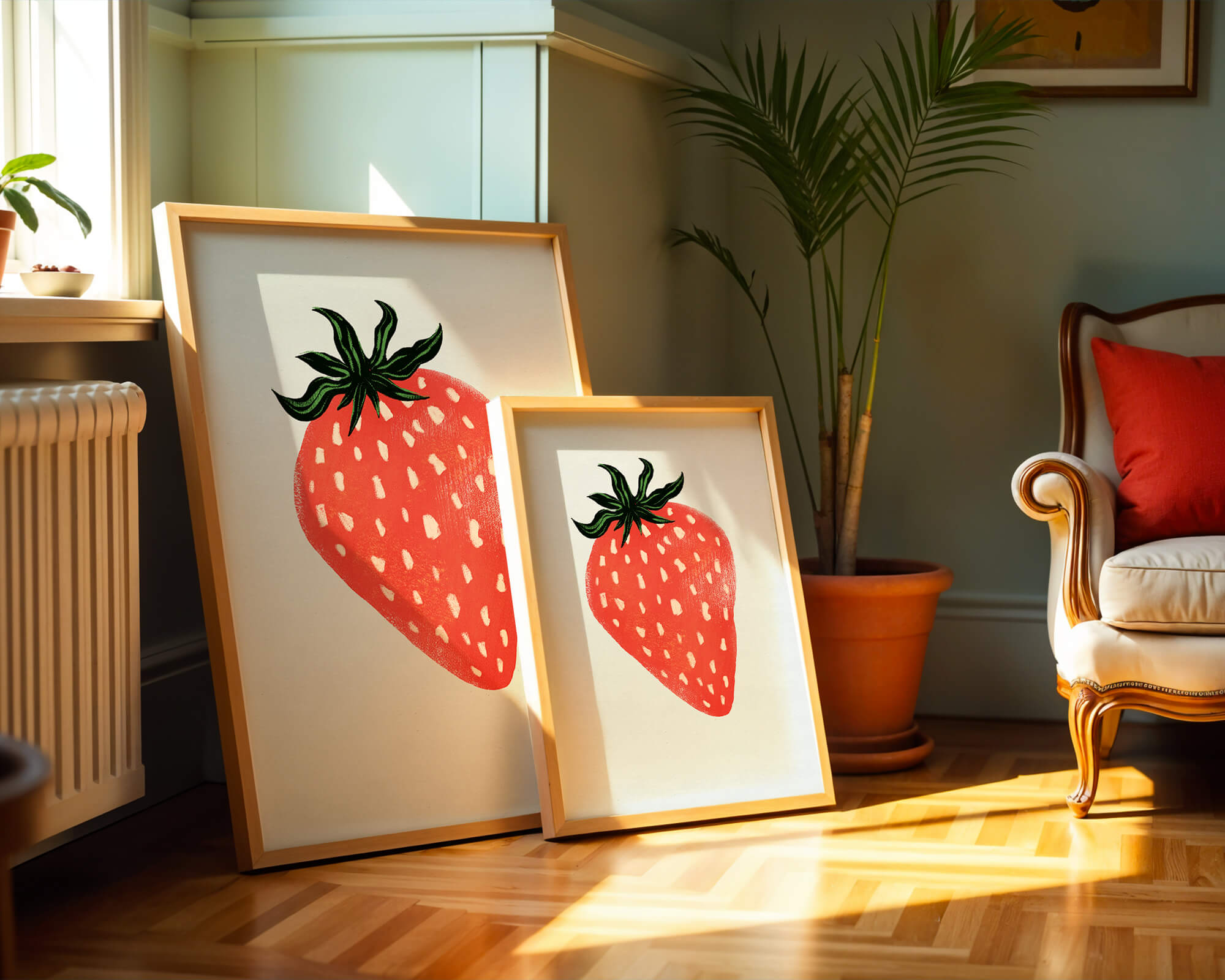 Illustrative design of a vibrant red strawberry with green leaves