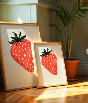 Illustrative design of a vibrant red strawberry with green leaves