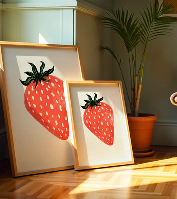 Illustrative design of a vibrant red strawberry with green leaves