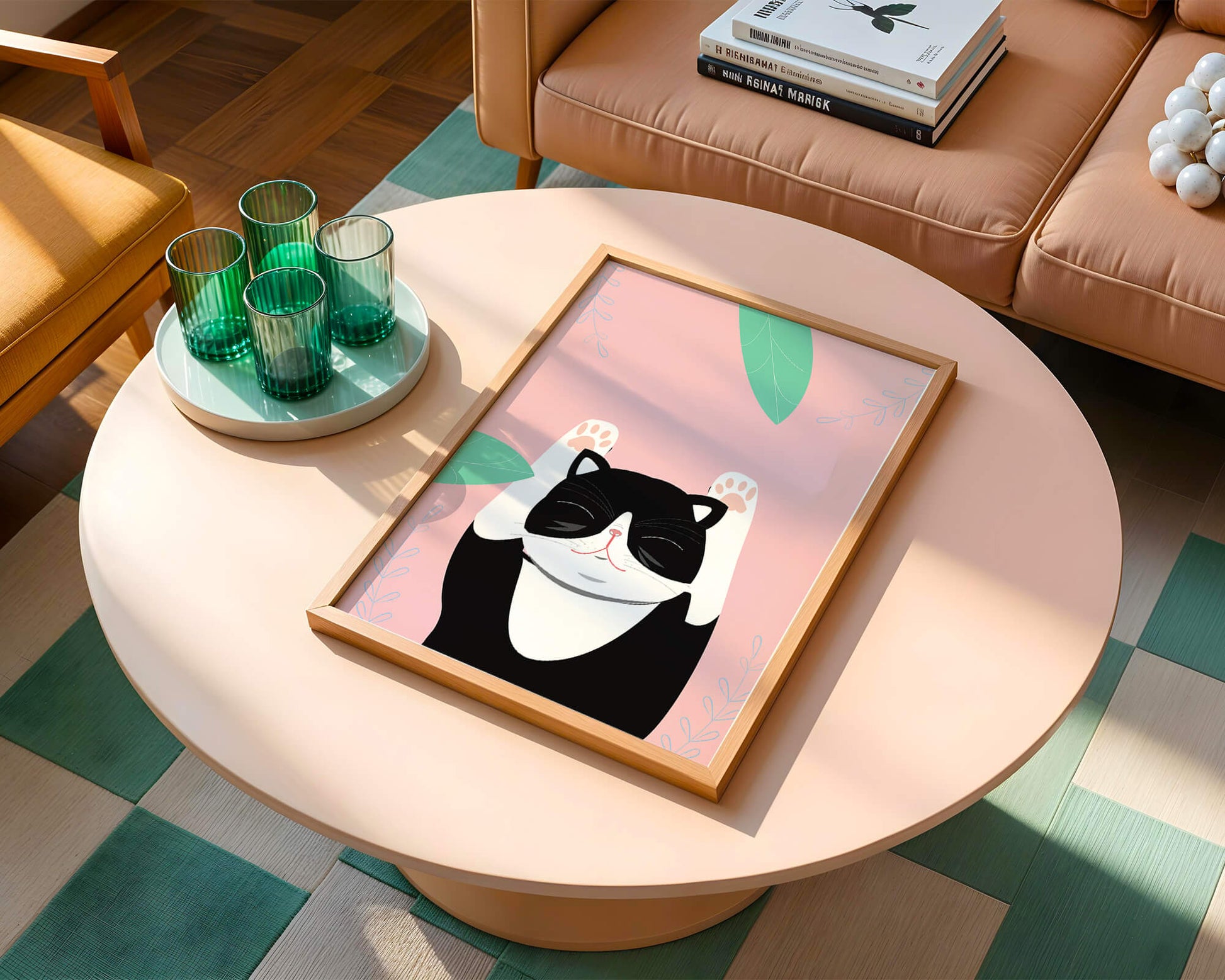 Illustrated cat on pink background with leaves