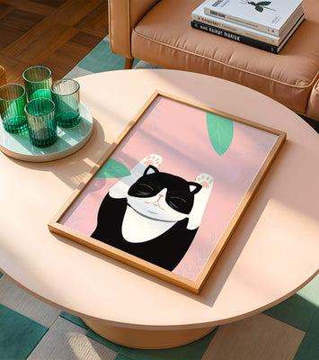 Illustrated cat on pink background with leaves